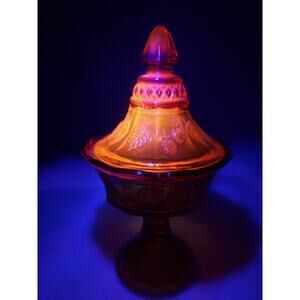 Vintage Tiara Red Amberina Pedestal Glass Candy Dish lid black light sunset mod‎